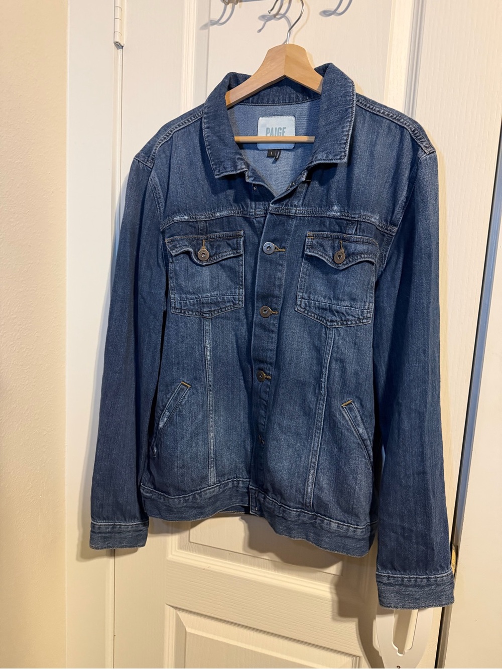 Paige Scout Denim Jean Trucker Jacket Sz Large Dark Medium Wash Fade Distressed